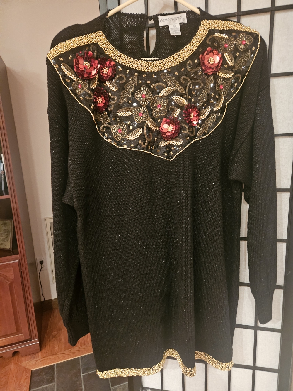 mine Black Sweater with Gold Beading and Red Floral Embellishments